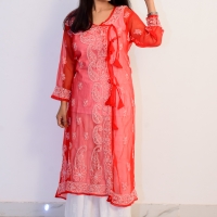 Buy Hand Embroidered Lucknowi Chikan Red And White Georgette Kurti